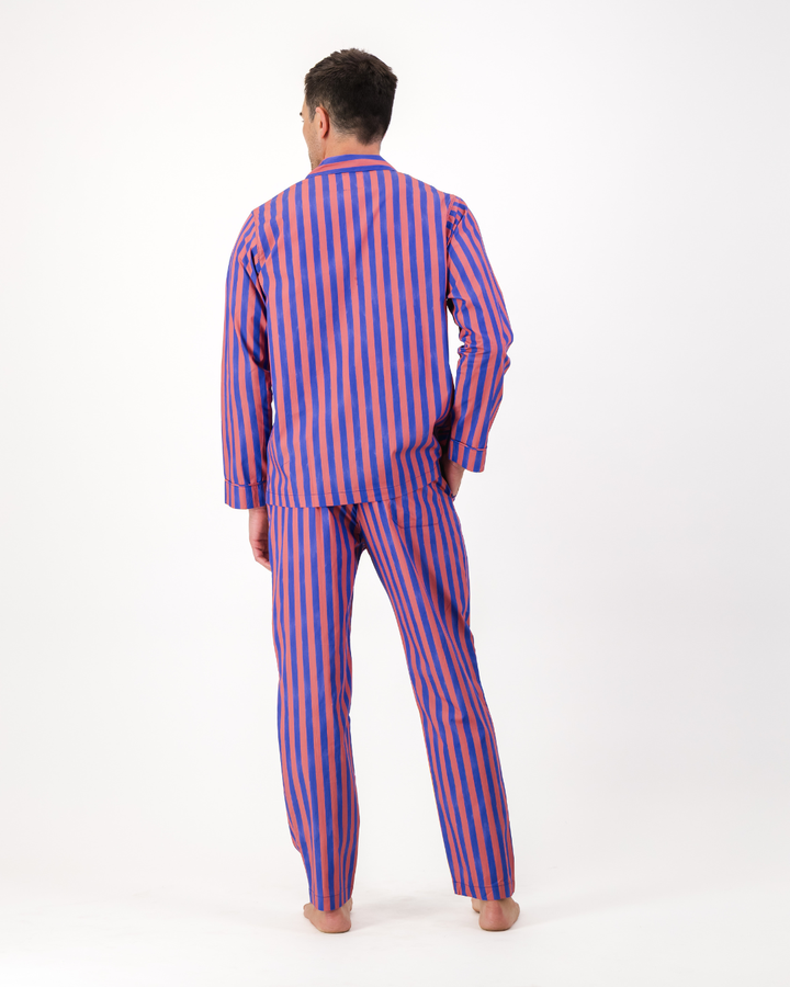 Mens Long Pyjamas - Blue and Red Stripe