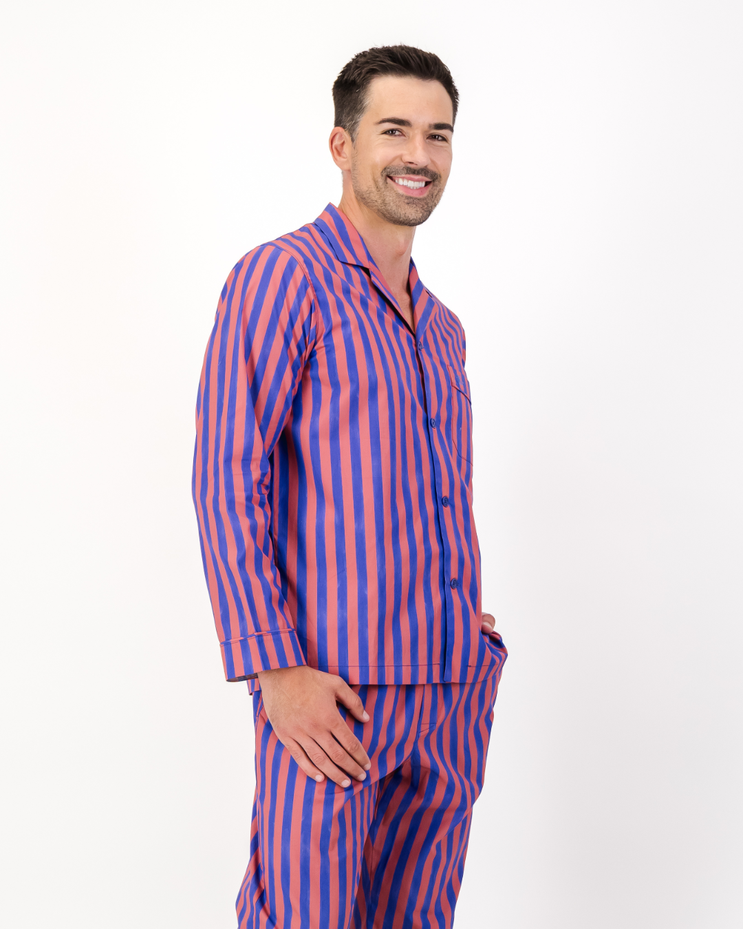 Mens Long Pyjamas - Blue and Red Stripe