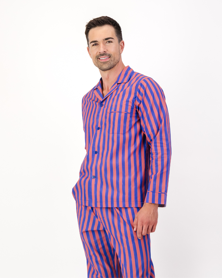 Mens Long Pyjamas - Blue and Red Stripe