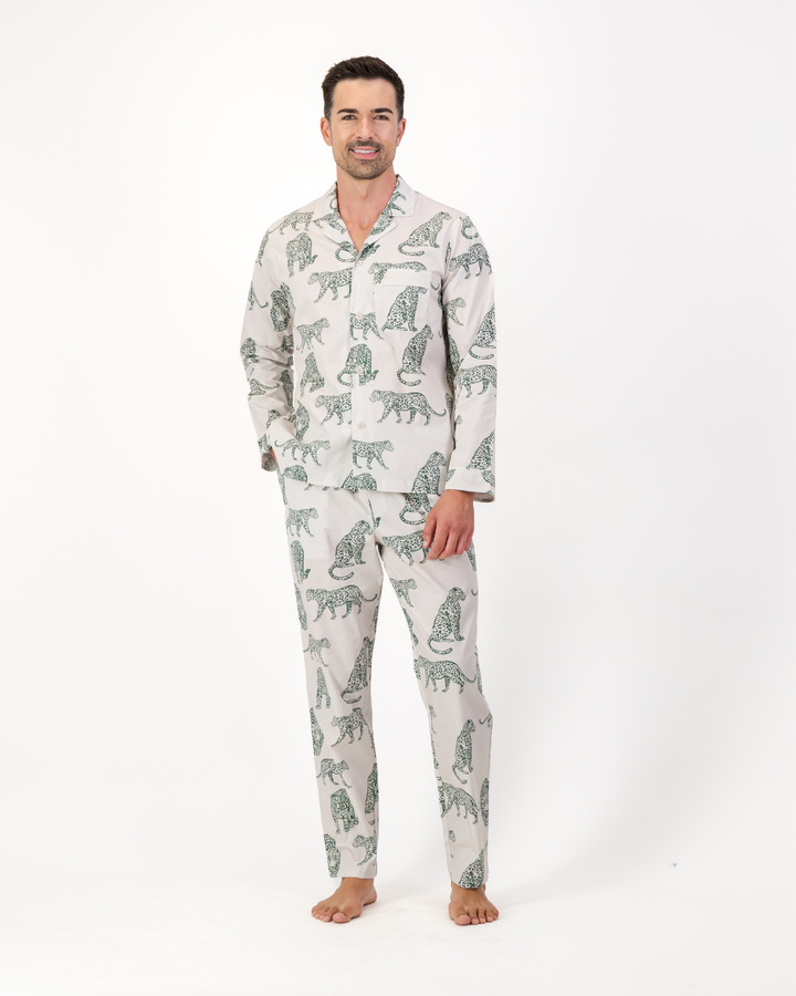 Mens Long Pyjamas - Teal Leopard on Off White