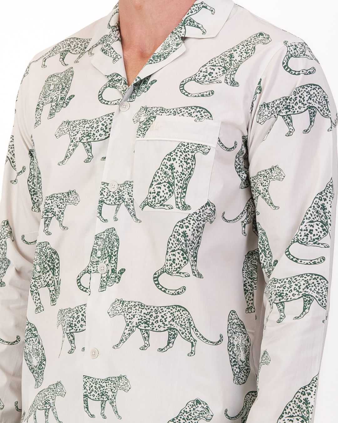 Mens Long Pyjamas - Teal Leopard on Off White