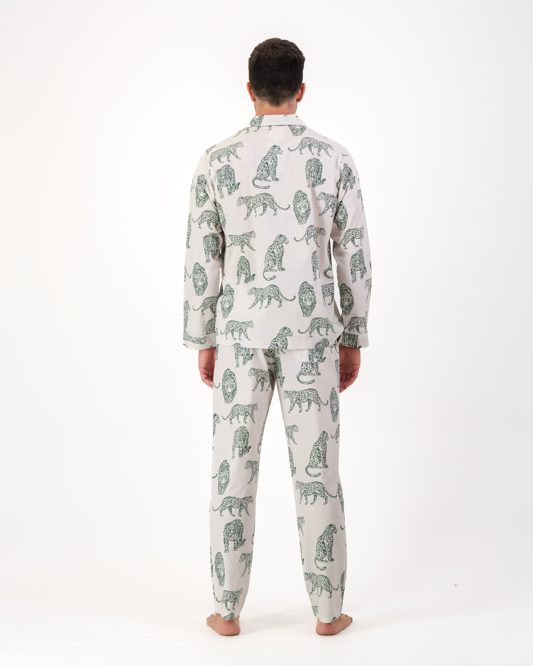 Mens Long Pyjamas - Teal Leopard on Off White