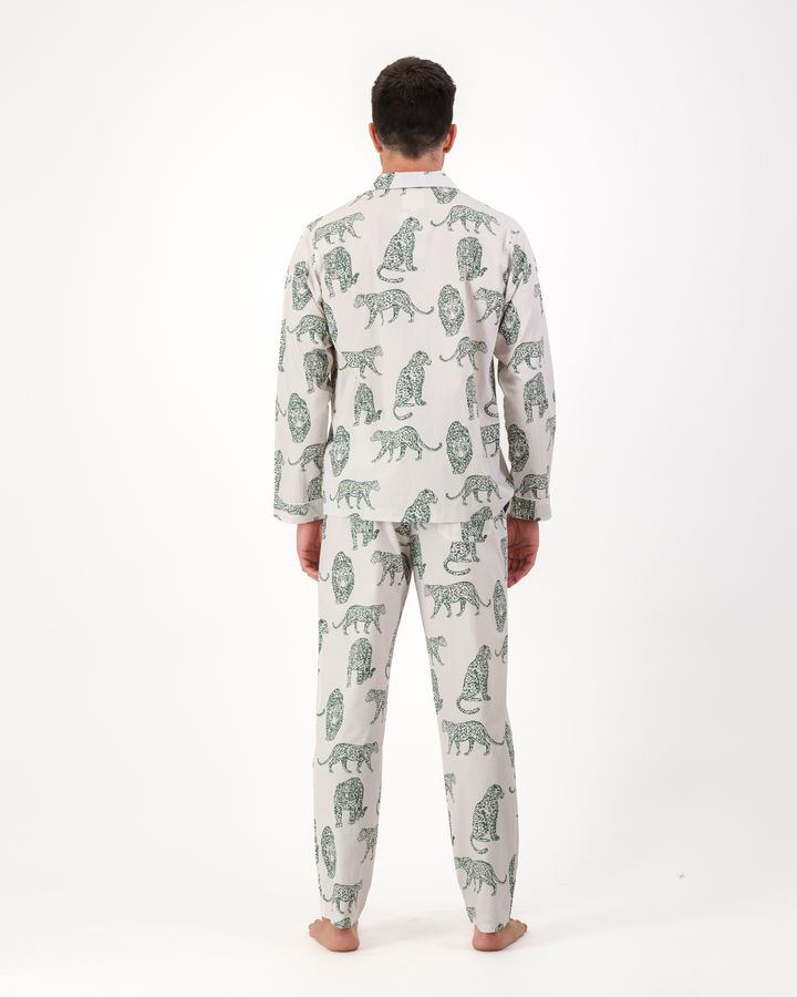 Mens Long Pyjamas - Teal Leopard on Off White