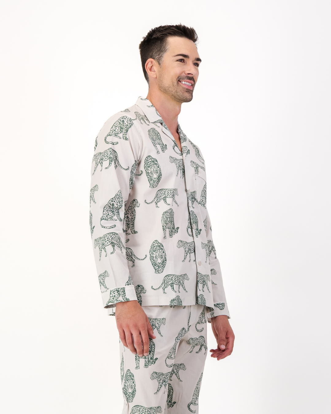 Mens Long Pyjamas - Teal Leopard on Off White