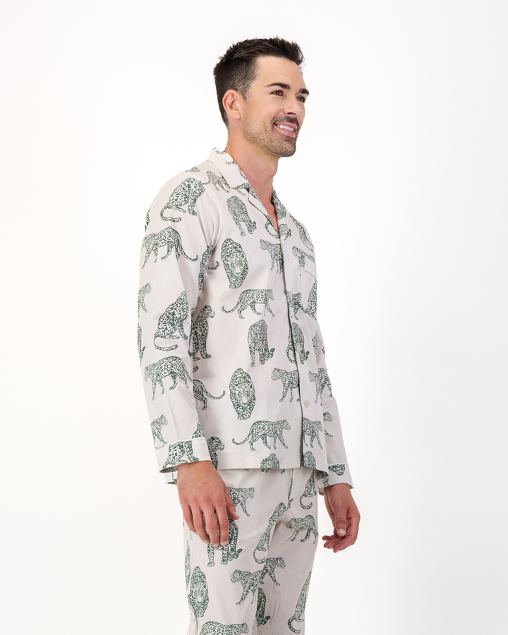 Mens Long Pyjamas - Teal Leopard on Off White