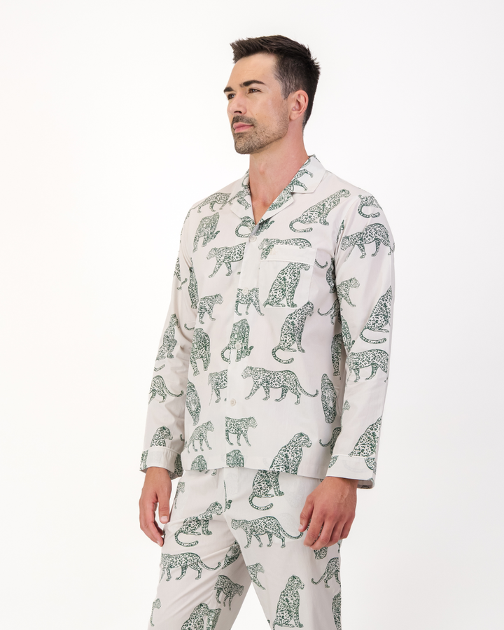 Mens Long Pyjamas - Teal Leopard on Off White