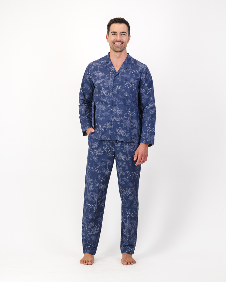 Mens Long Pyjamas - Tropical Leopard on Navy