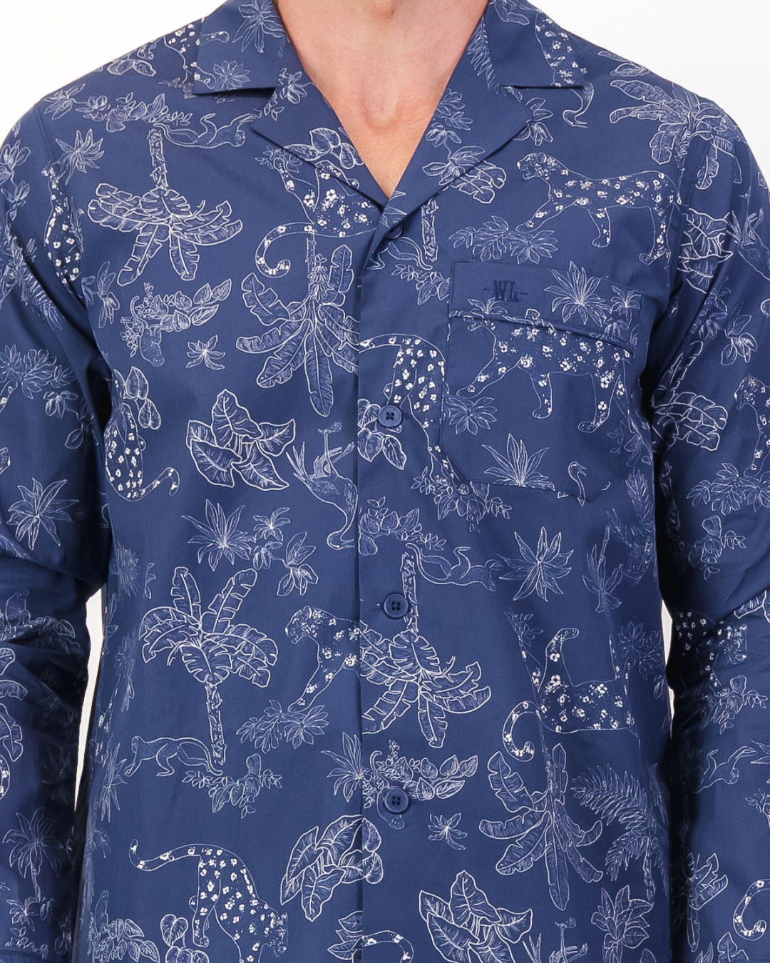 Mens Long Pyjamas - Tropical Leopard on Navy