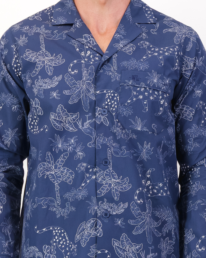 Mens Long Pyjamas - Tropical Leopard on Navy