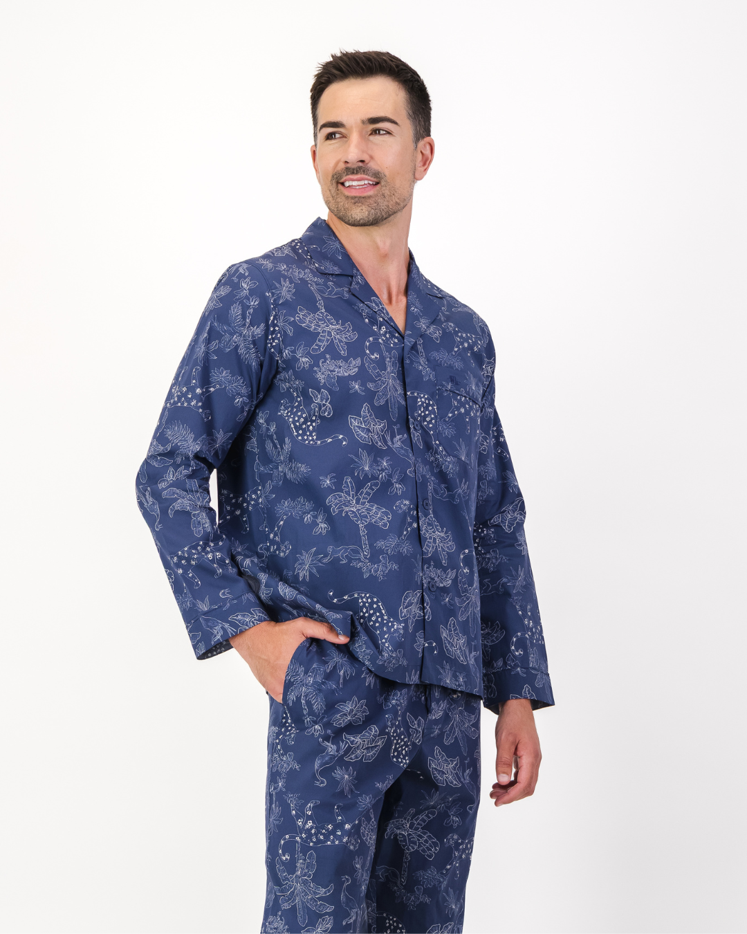Mens Long Pyjamas - Tropical Leopard on Navy