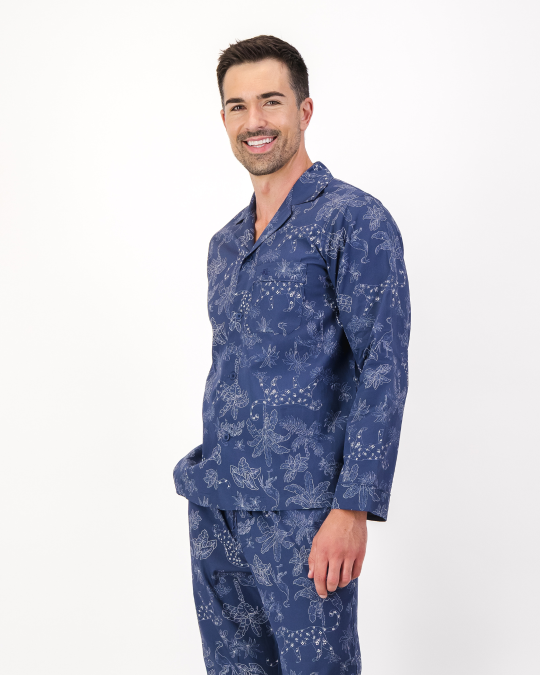 Mens Long Pyjamas - Tropical Leopard on Navy