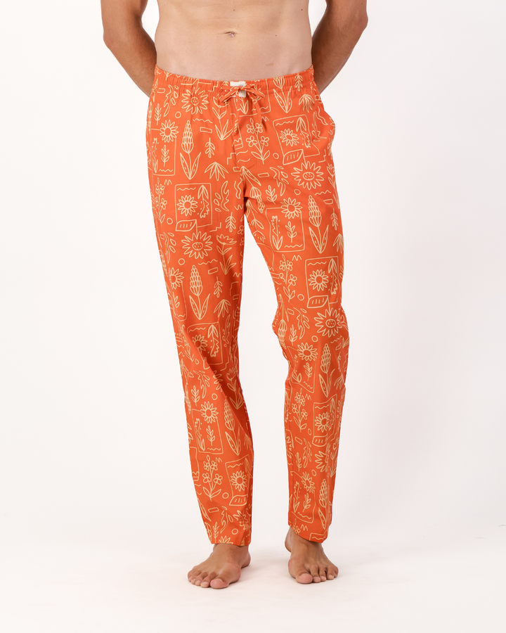 Mens Lounge Pants - Stone Floral On Red