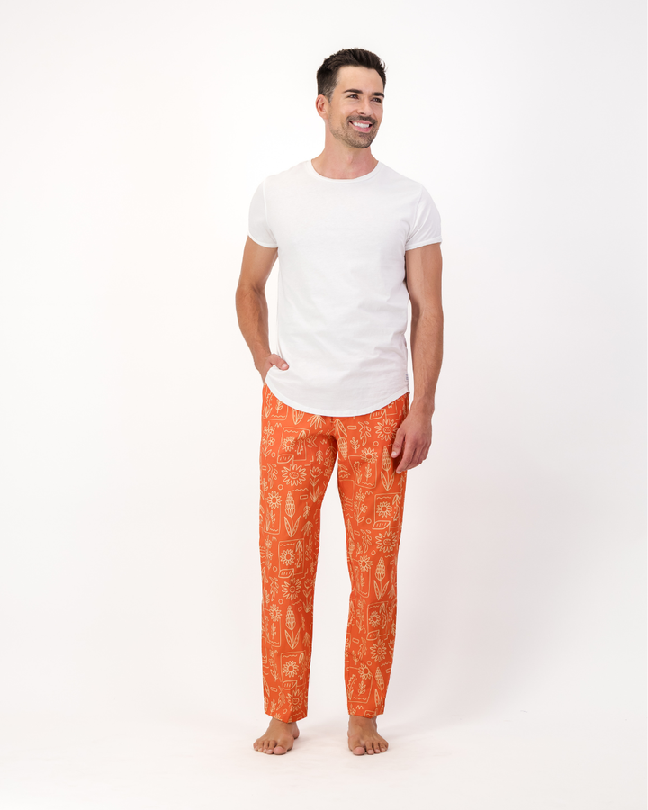 Mens Lounge Pants - Stone Floral On Red