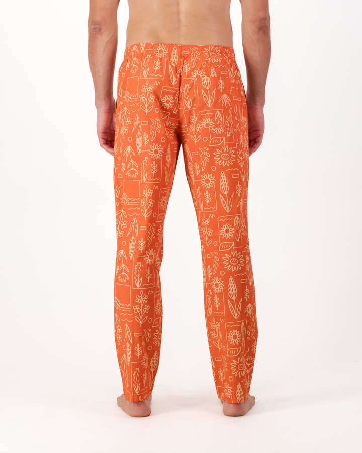 Mens Lounge Pants - Stone Floral On Red