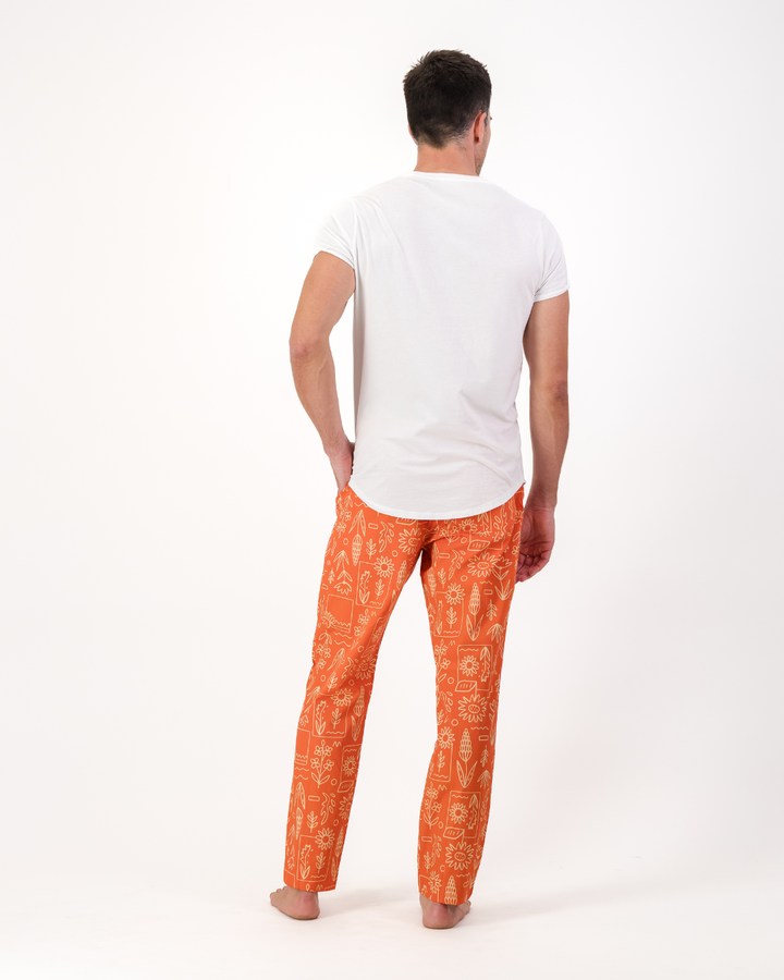 Mens Lounge Pants - Stone Floral On Red