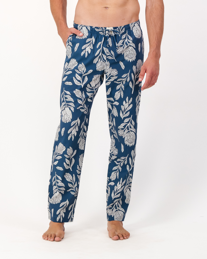 Mens Lounge Pants - White Proteas on Blue