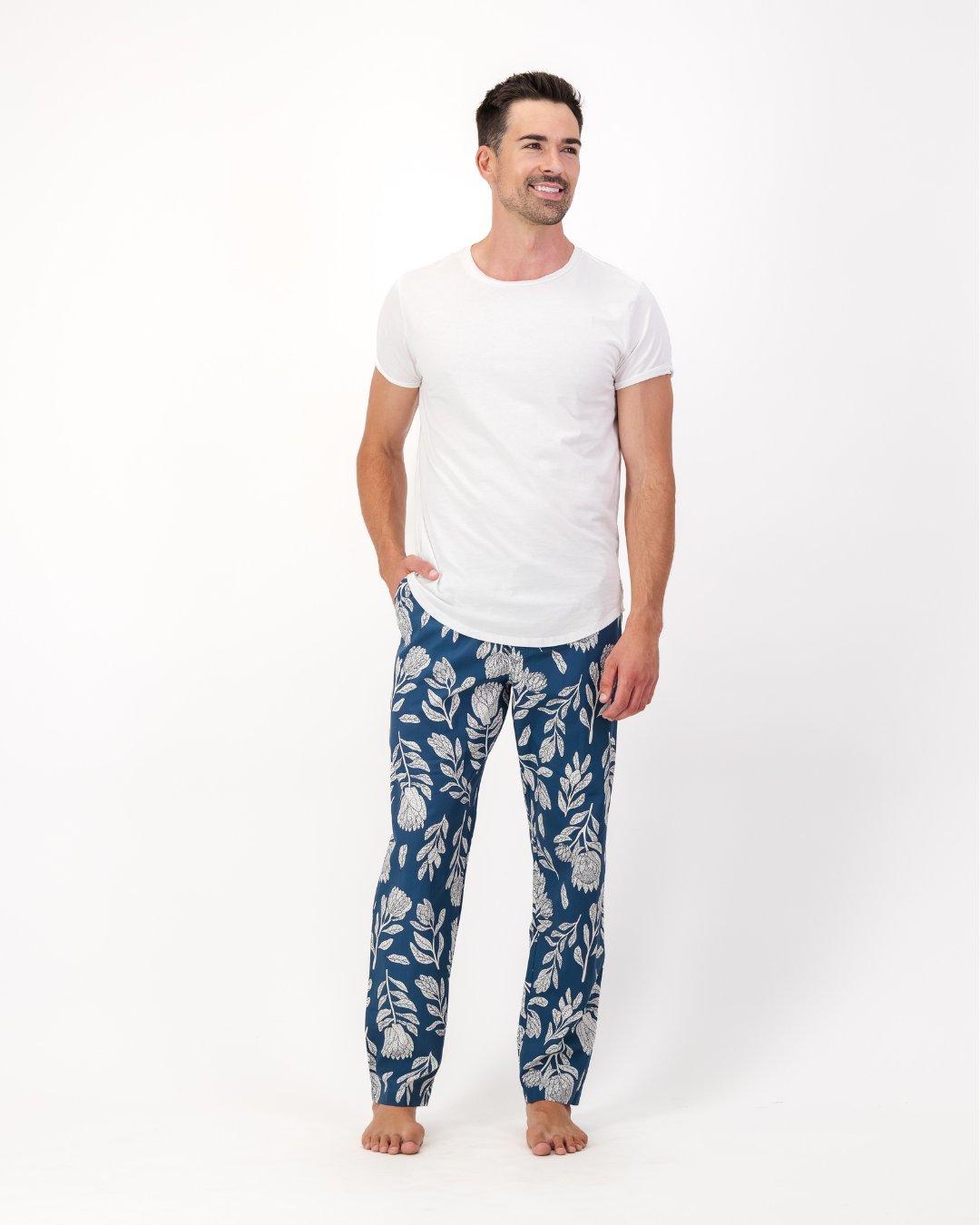 Mens Lounge Pants - White Proteas on Blue
