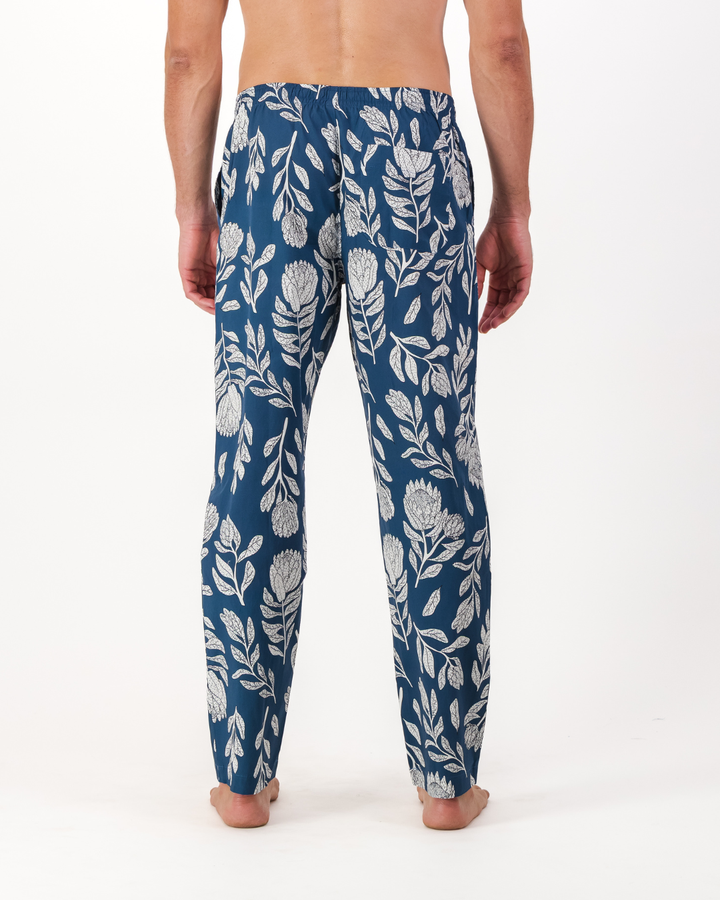 Mens Lounge Pants - White Proteas on Blue
