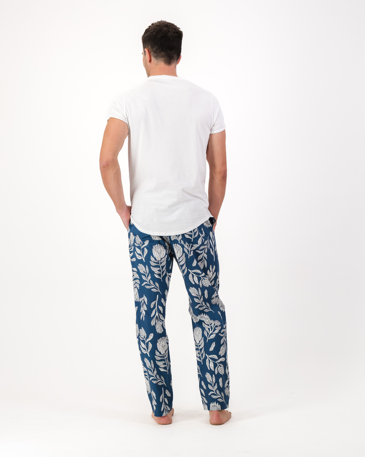Mens Lounge Pants - White Proteas on Blue