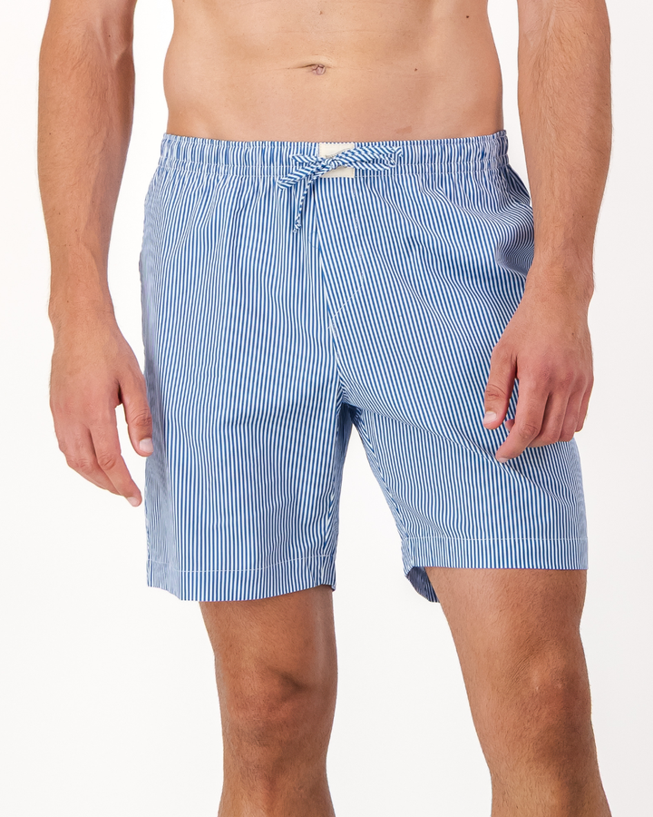 Mens Lounge Shorts - Blue Stripes on White