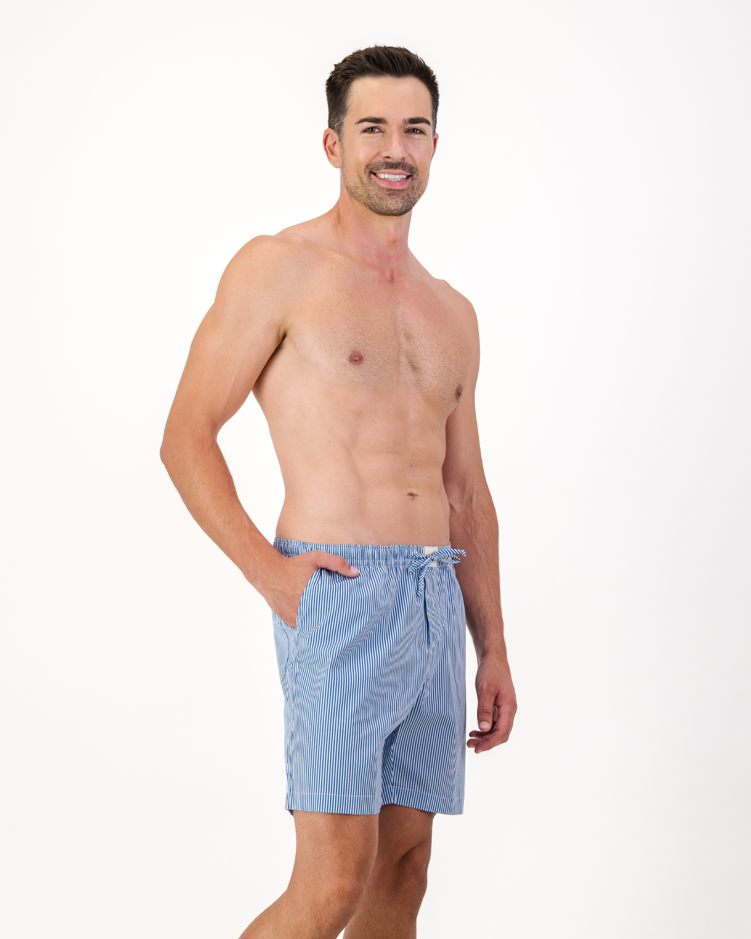 Mens Lounge Shorts - Blue Stripes on White