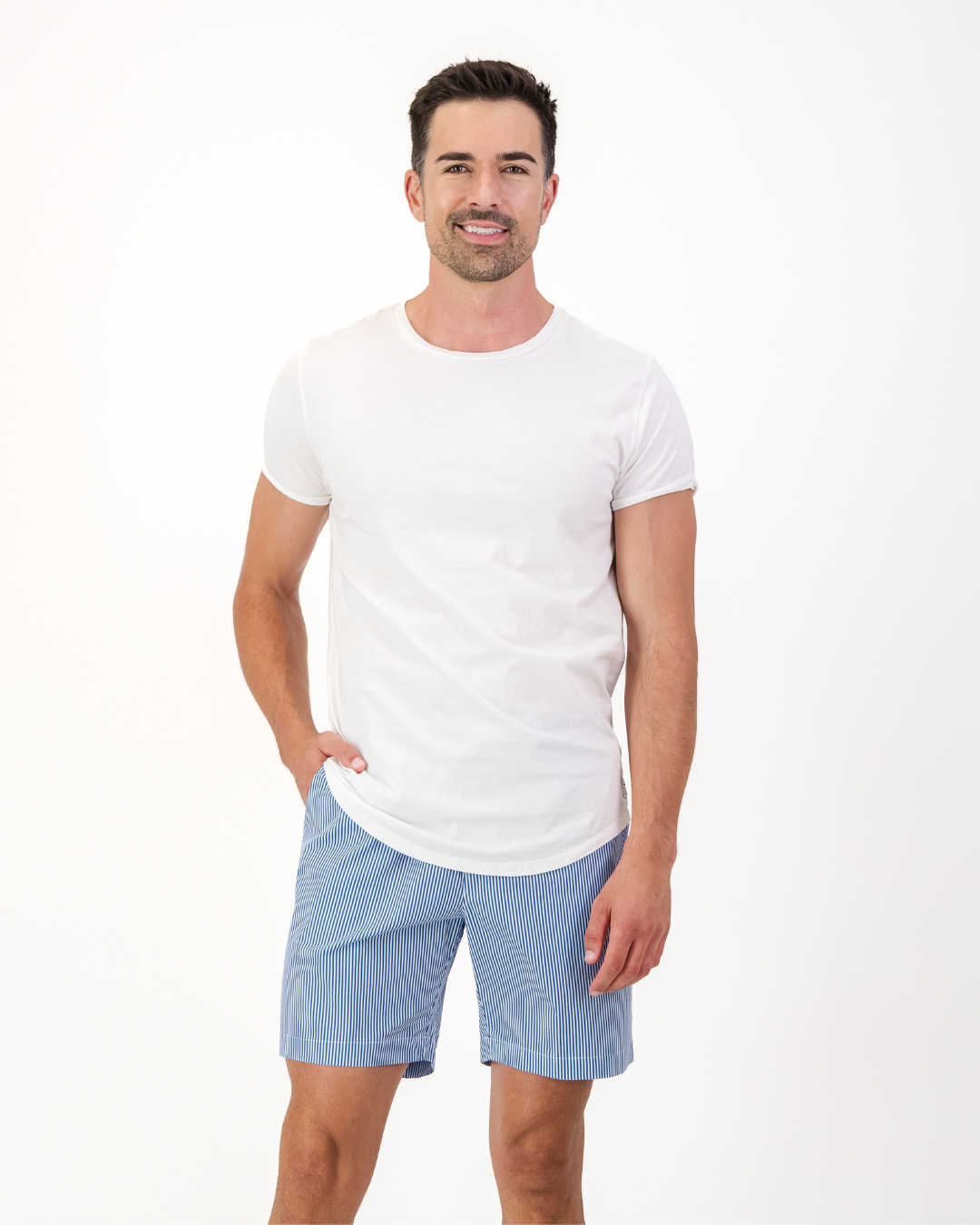 Mens Lounge Shorts - Blue Stripes on White