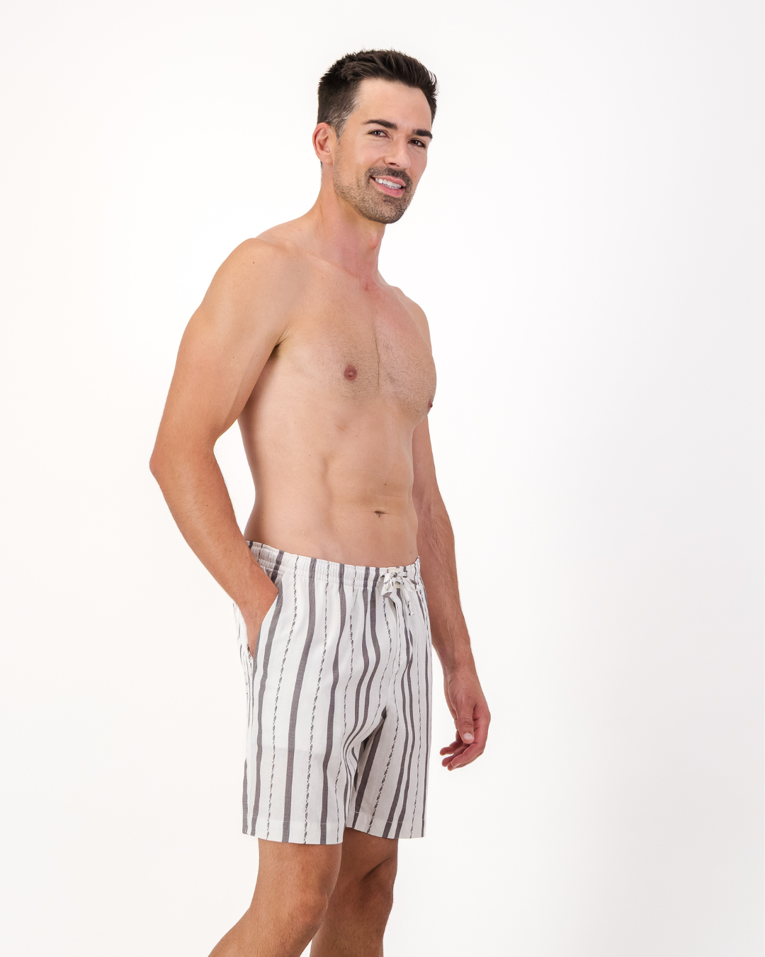 Mens Lounge Shorts - Grey Textured Stripes on White