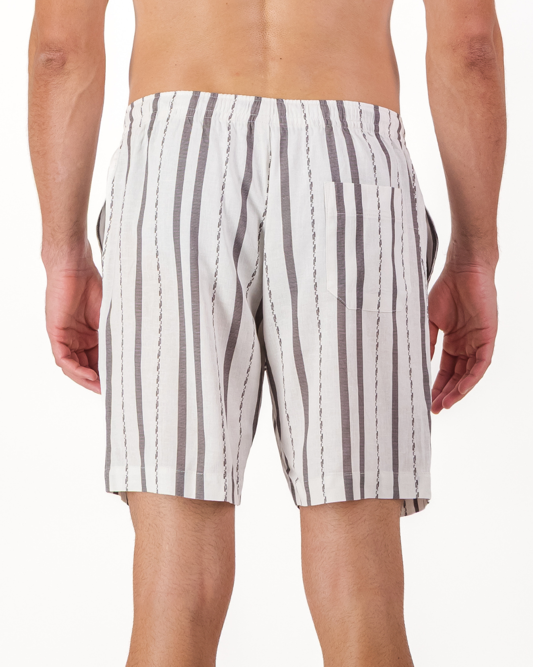 Mens Lounge Shorts - Grey Textured Stripes on White