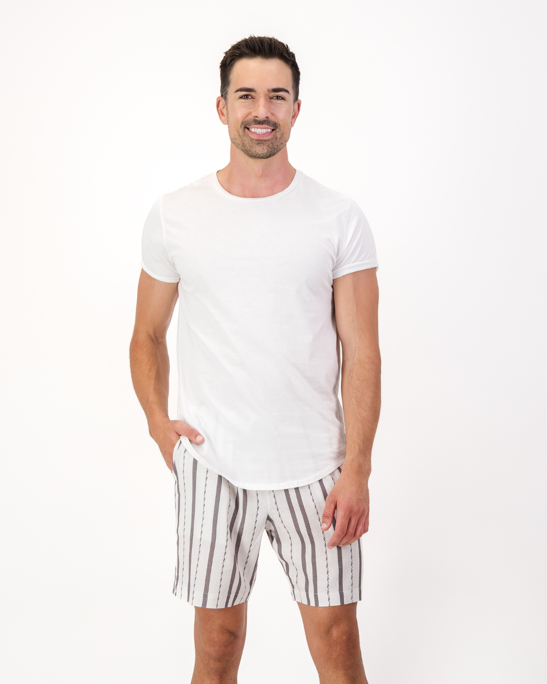 Mens Lounge Shorts - Grey Textured Stripes on White