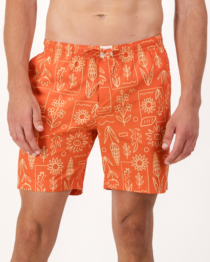 Mens Lounge Shorts - Stone Floral On Red