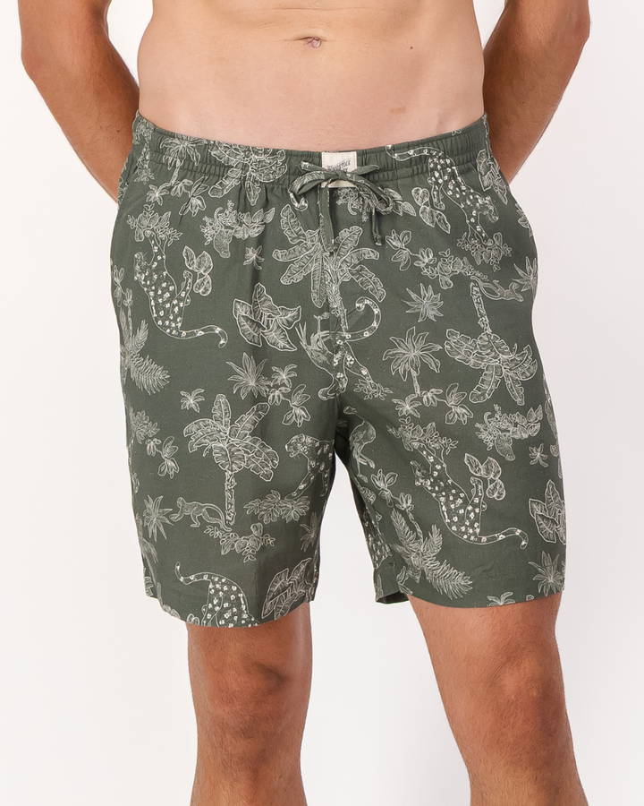 Mens Lounge Shorts - Tropical Leopard on Olive