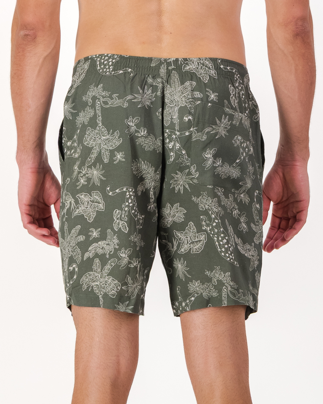 Mens Lounge Shorts - Tropical Leopard on Olive