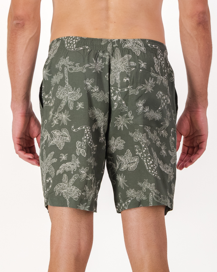 Mens Lounge Shorts - Tropical Leopard on Olive