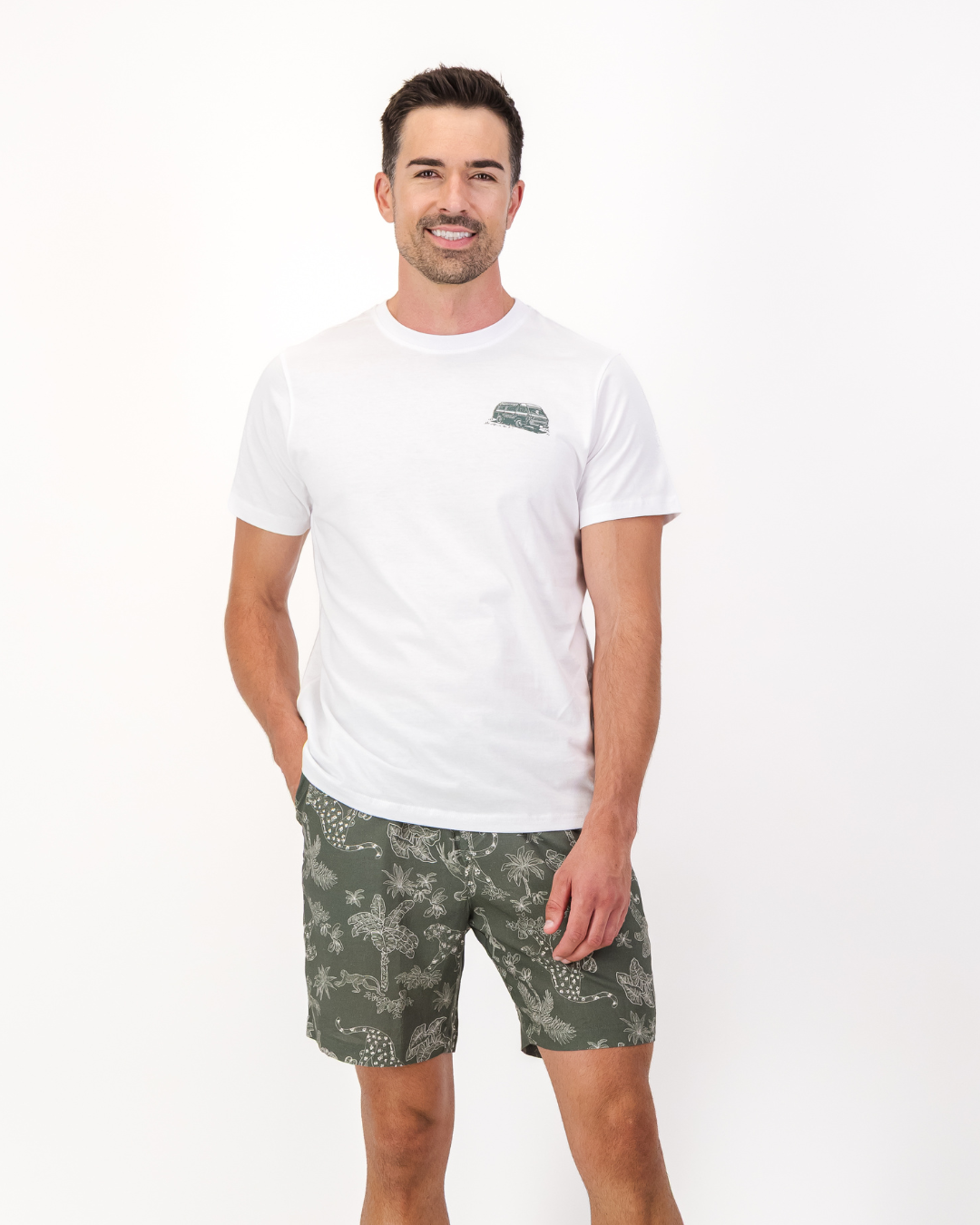 Mens Lounge Shorts - Tropical Leopard on Olive