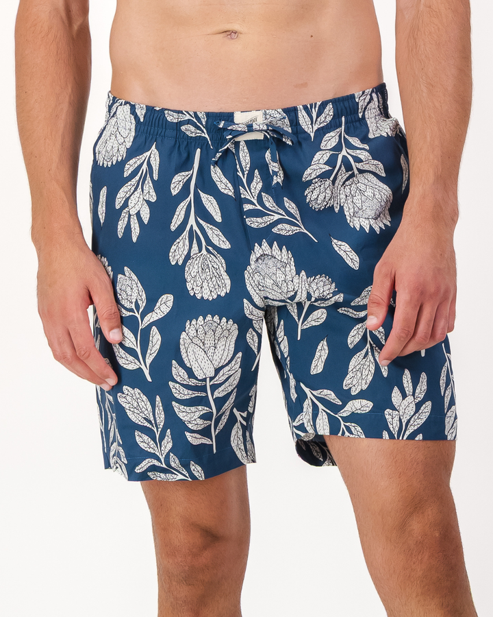 Mens Lounge Shorts - White Proteas on Blue