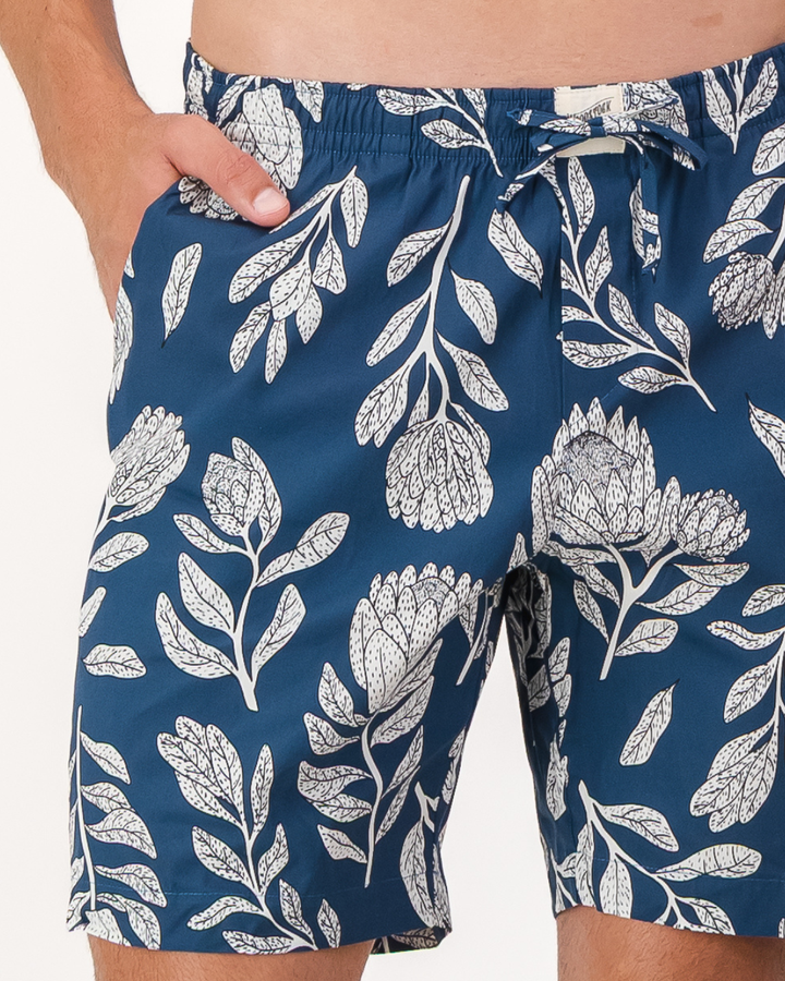 Mens Lounge Shorts - White Proteas on Blue