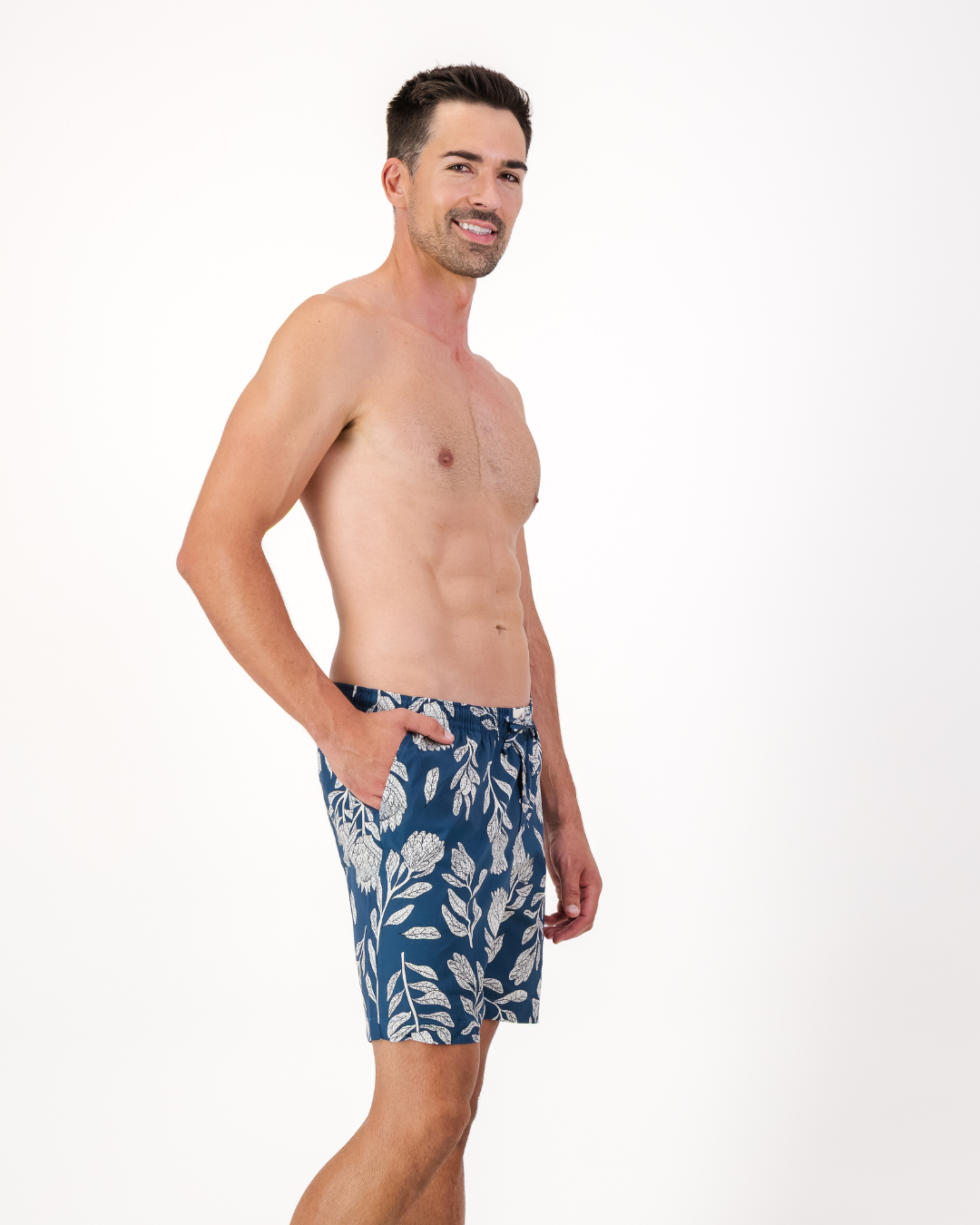 Mens Lounge Shorts - White Proteas on Blue
