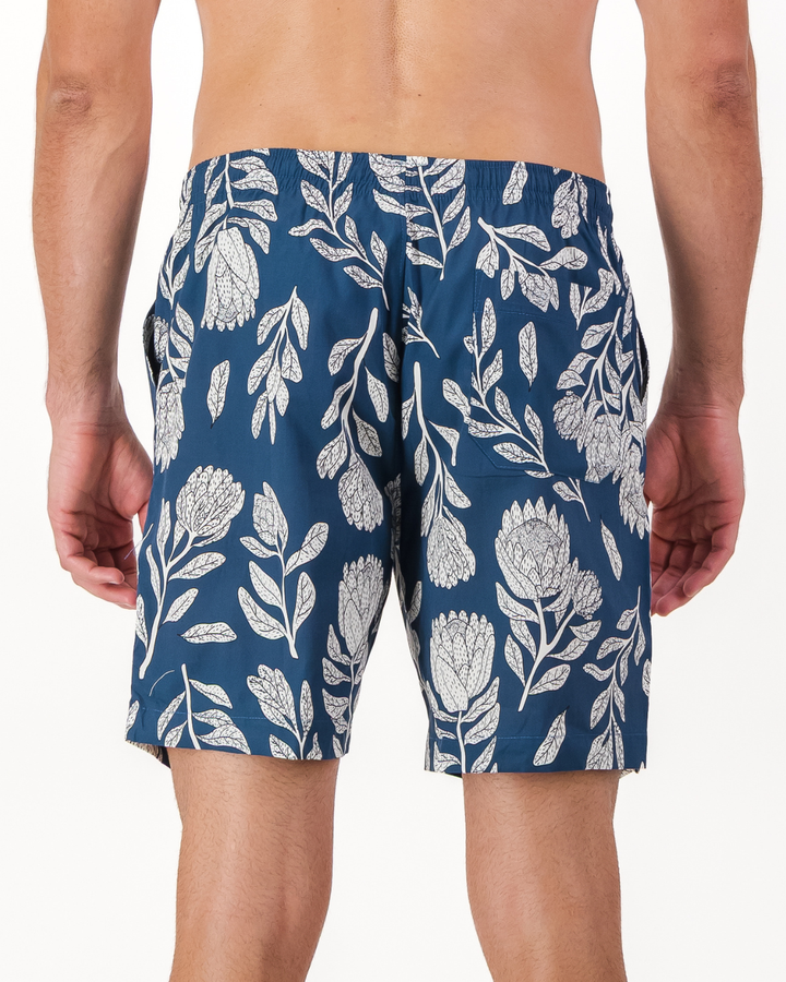 Mens Lounge Shorts - White Proteas on Blue