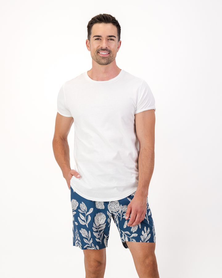 Mens Lounge Shorts - White Proteas on Blue