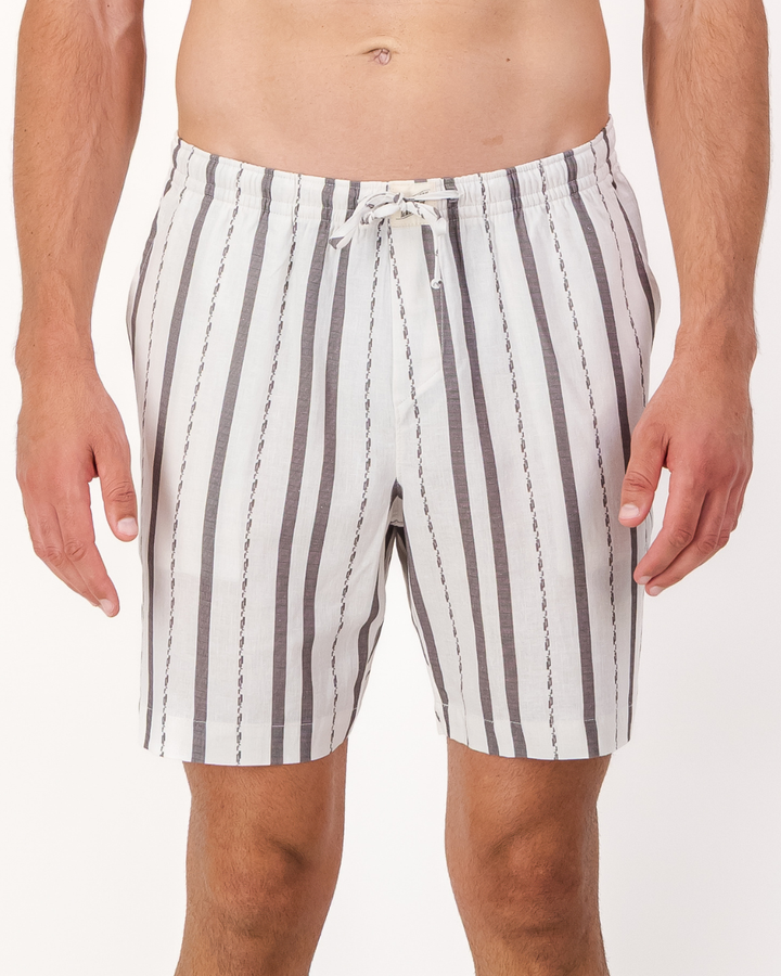 Mens Lounge Shorts - Grey Textured Stripes on White