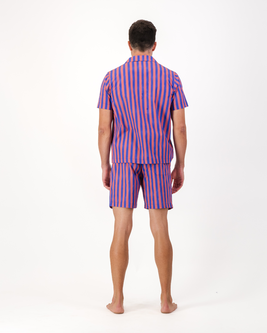 Back view of men’s red and blue striped organic cotton short pyjamas
