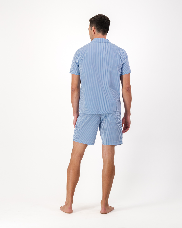 Back view of men’s blue and white striped organic cotton short pyjamas