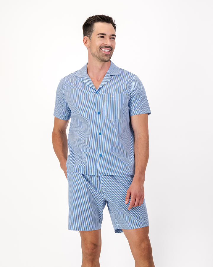 Men’s blue and white striped organic cotton short pyjama set
