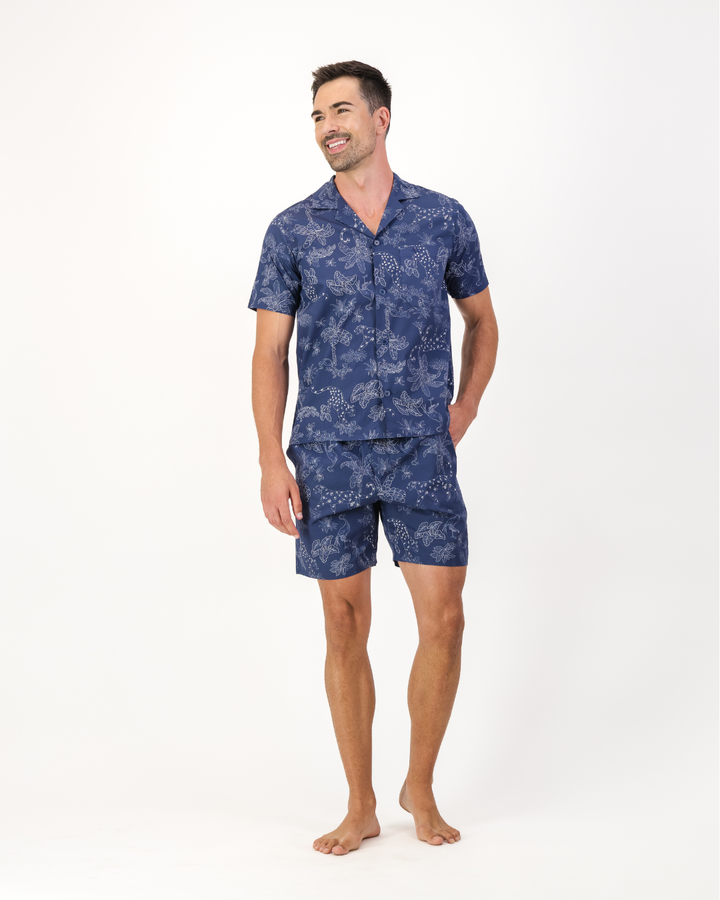 Mens navy organic cotton short pyjama set in a tropical leopard print