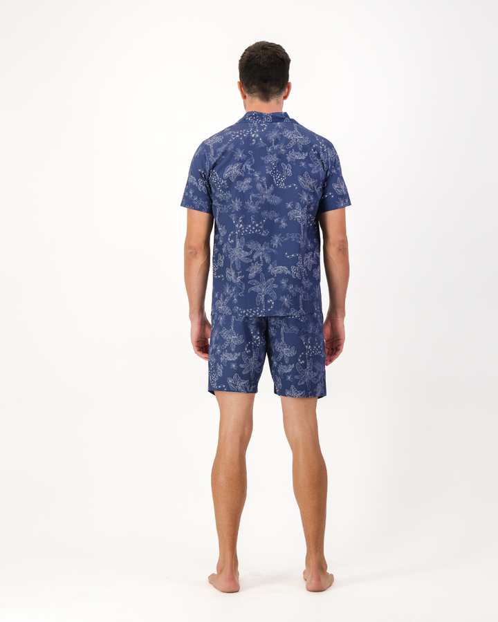 Back view of mens short organic cotton pyjama set in a navy tropical leopard print
