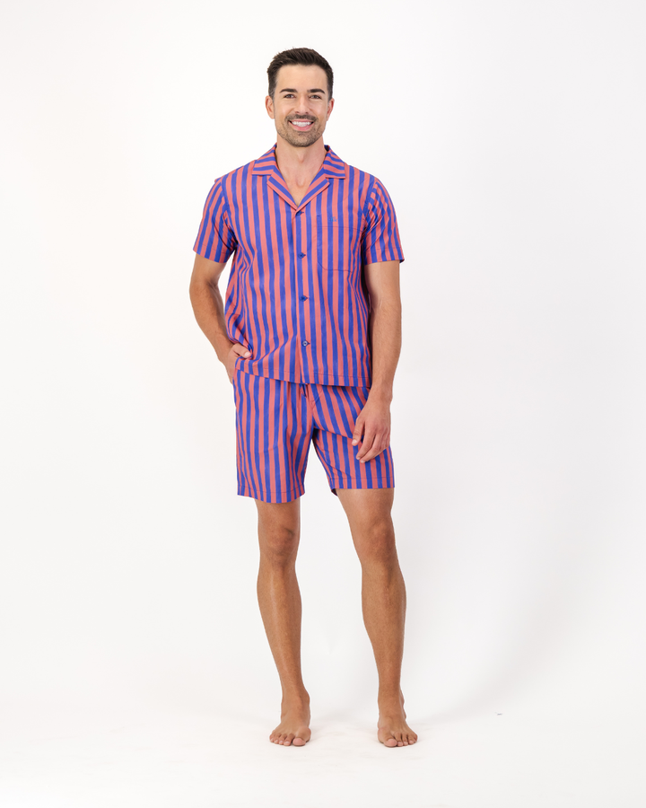 Mens red and blue striped short pyjama set