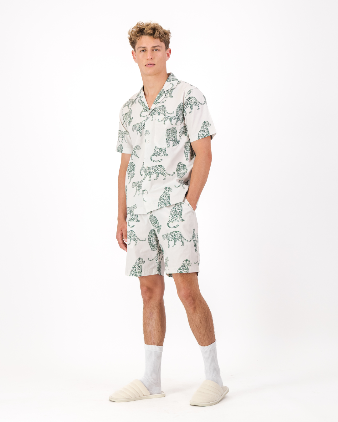 Men’s teal leopard print organic cotton short pyjama set