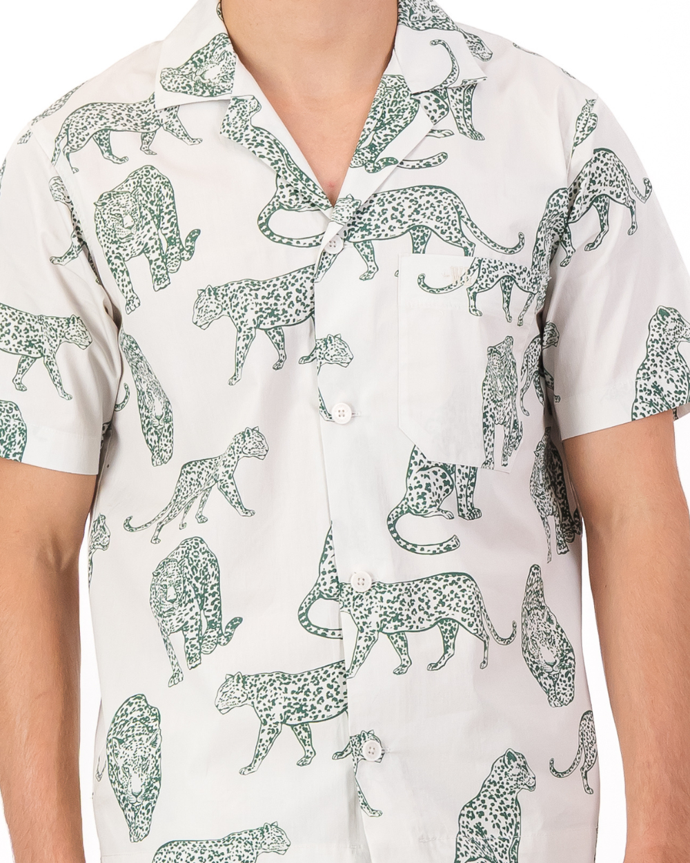 Mens organic cotton short pyjama shirt with teal leopard print detail