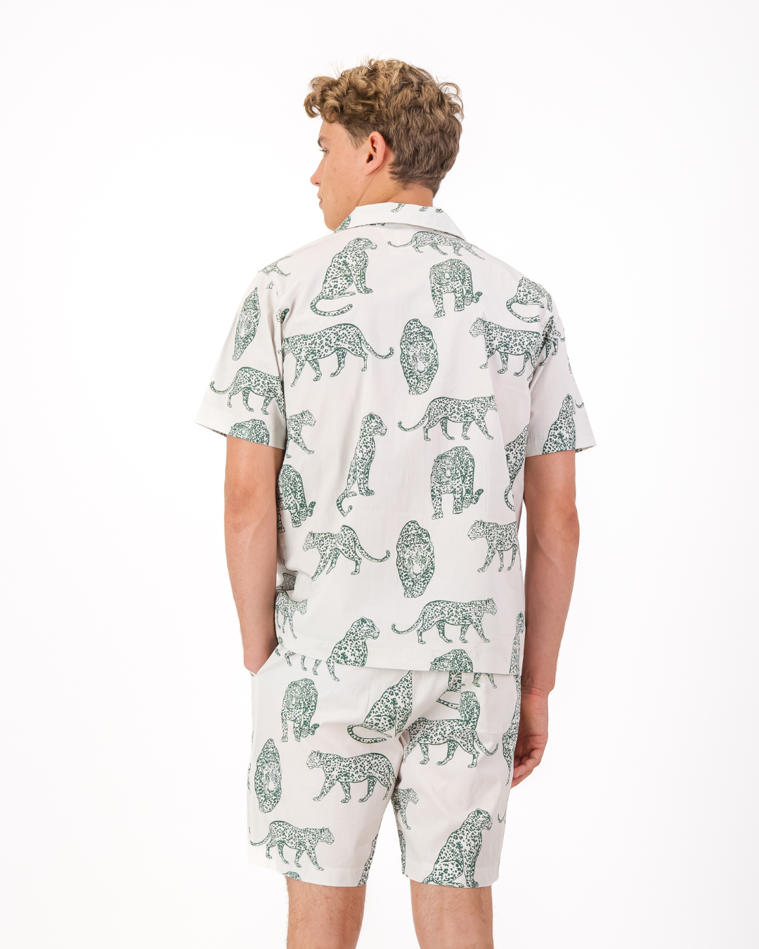 Back view of mens short organic cotton pyjama set in a teal leopard print
