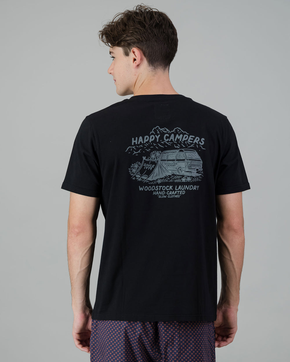 Mens T-Shirt - Dark Grey Campers on Black Back - Woodstock Laundry